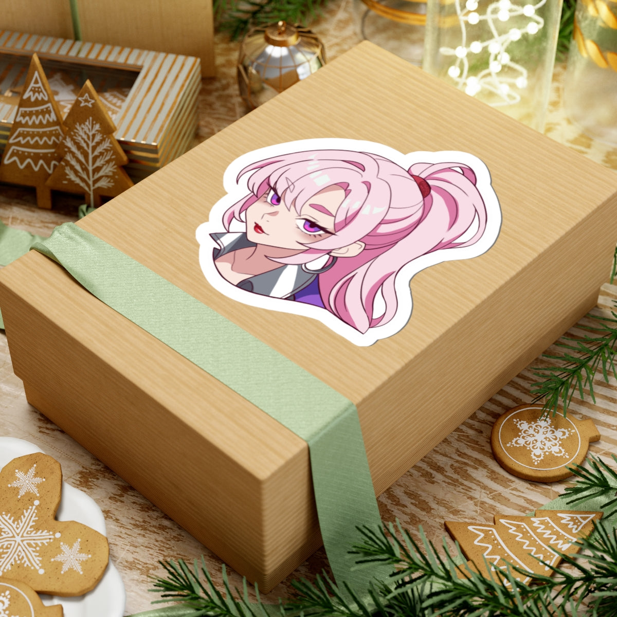 R Tuned Anime Girl Sticker — Pink Ponytail Kiss-Cut Vinyl Sticker