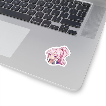 R Tuned Anime Girl Sticker — Pink Ponytail Kiss-Cut Vinyl Sticker