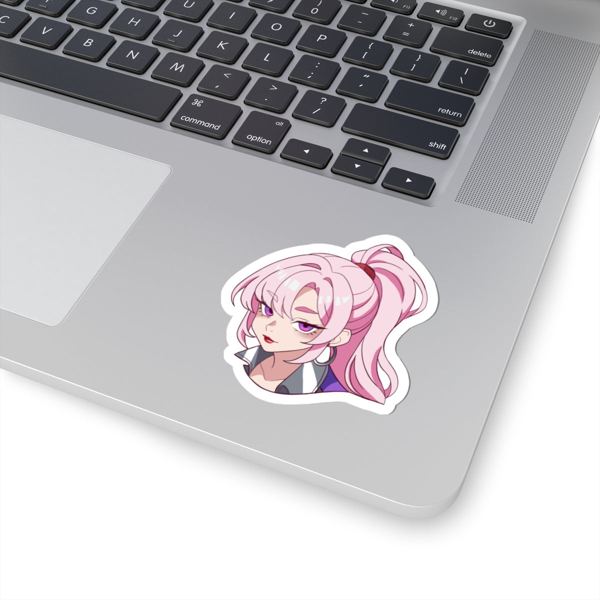 R Tuned Anime Girl Sticker — Pink Ponytail Kiss-Cut Vinyl Sticker
