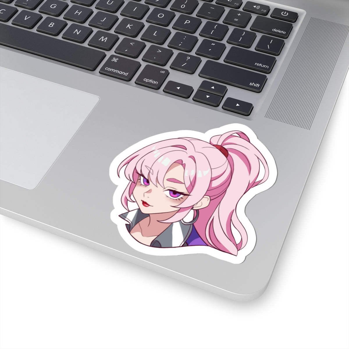 R Tuned Anime Girl Sticker — Pink Ponytail Kiss-Cut Vinyl Sticker
